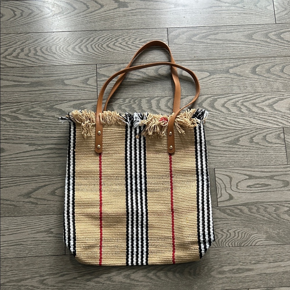 Striped Tan and Black Tote Bag